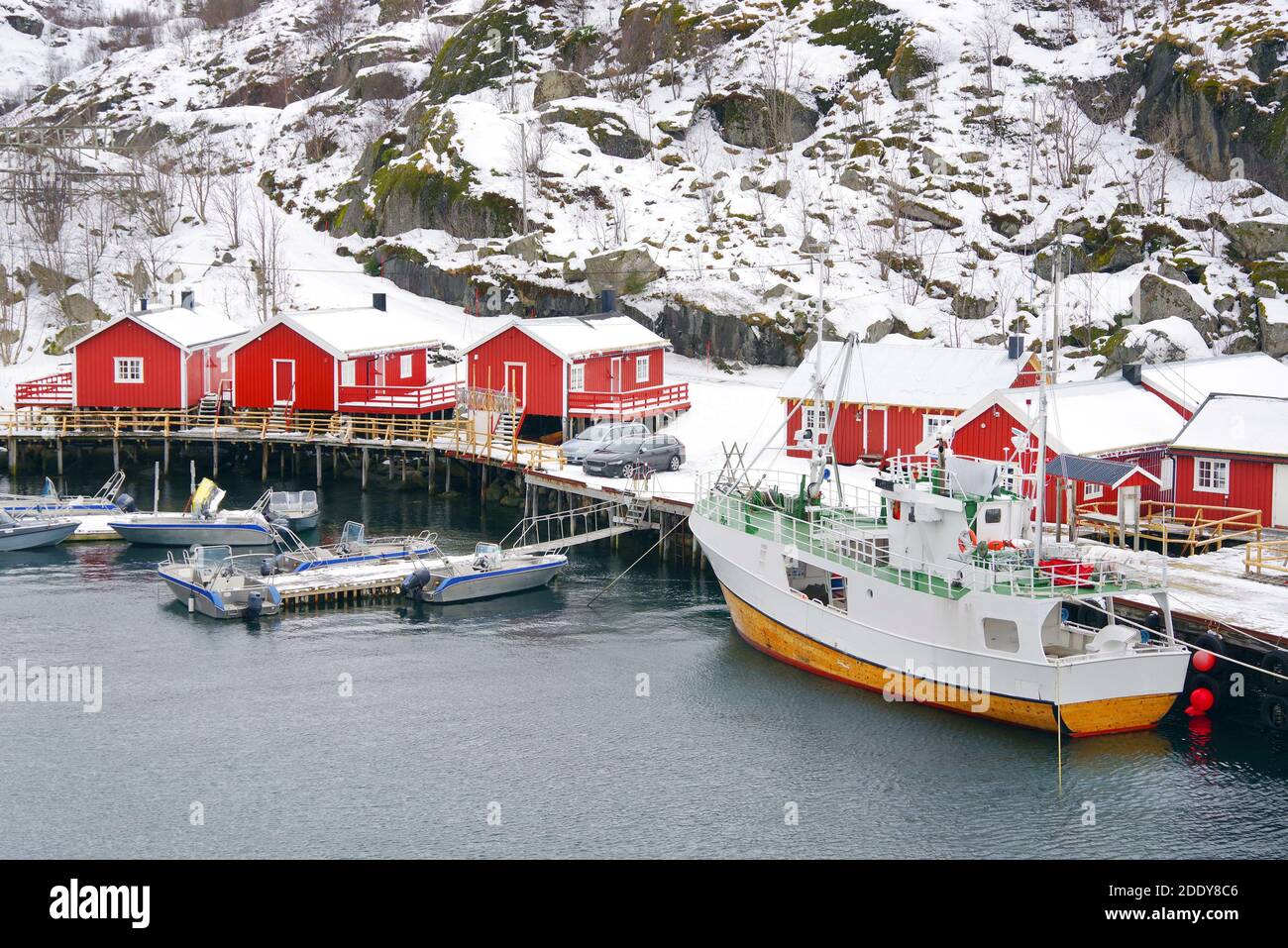 Nussfjord village, Lofoten Islands. Norway`s historic fishing village on the water, Europe Stock Photo